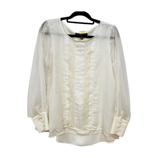 White House Black Market Long Sleeve Pleated Lace Front Top White