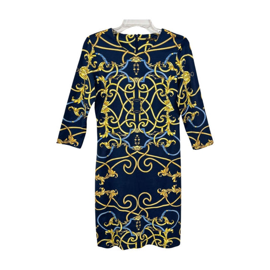 J. McLaughlin 3/4 Sleeve Swirl Print Stretch Knee Length Dress Navy Blue Gold