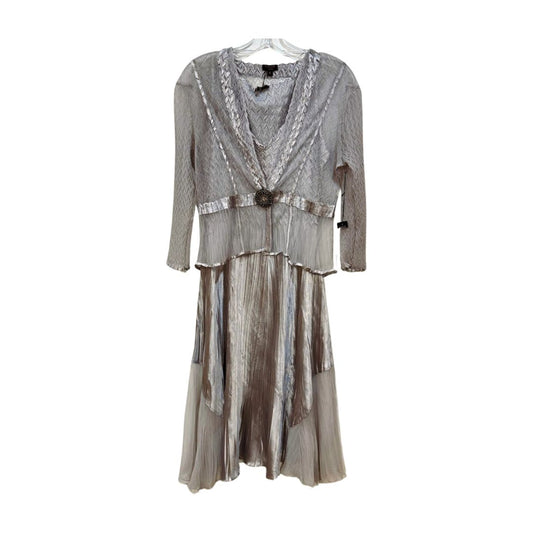 Komarov Sleeveless Chevron Crinkle Fit & Flare Dress + Chiffon Jacket SET OF 2 Dress Silver