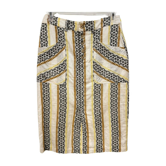 Anthropologie Embroidered Geometric Shape Striped Pencil Skirt Beige Yellow Gray