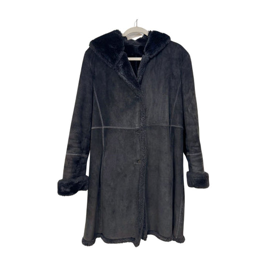 Steve By Searle Long Sleeve Faux Fur Trimmed Button Front Shearling Leather Coat Black