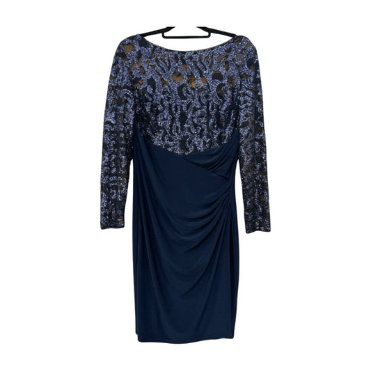 Ralph Lauren 3/4 Sleeve Sequin Top Side Ruch Stretch Dress Navy Blue