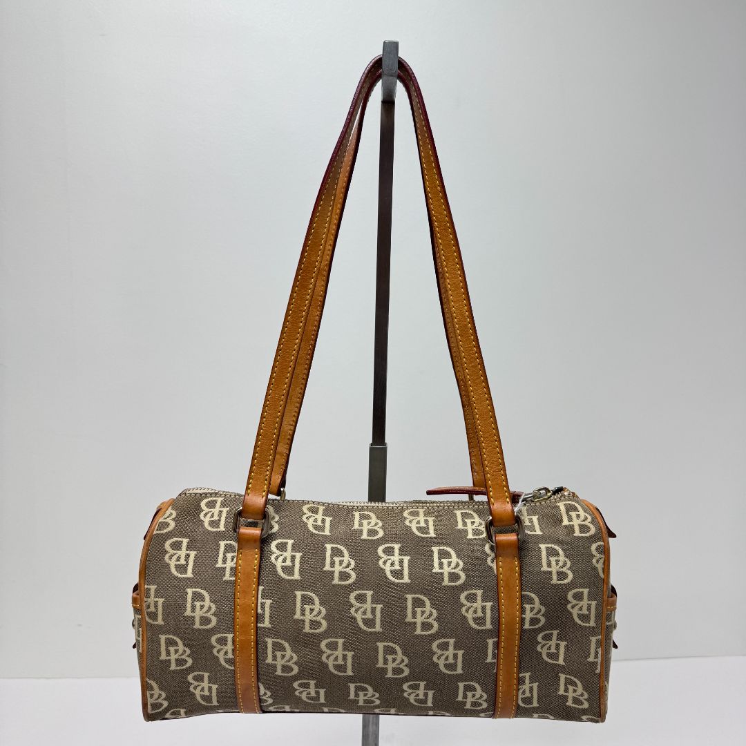 Dooney & Bourke Zip Top Jacquard Logo Pinch Front Lock Shoulder Bag Gray Brown