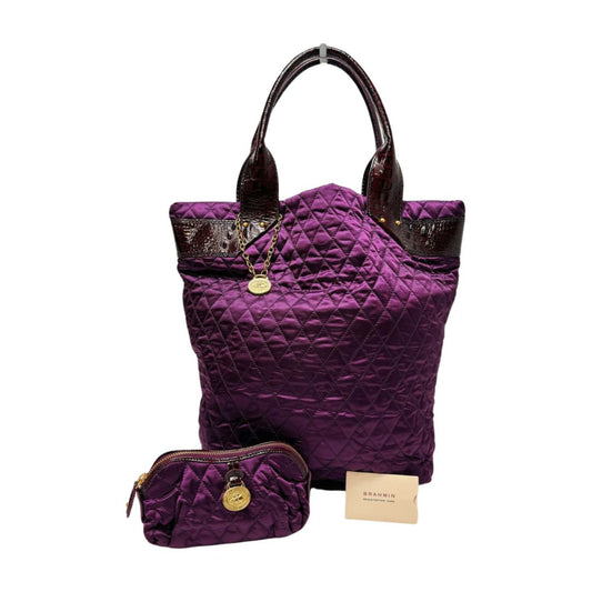 Brahmin "Dolly" Quilted Satin Embossed Leather Trim Triple Compartment Tote + Accessory Pouch Purple