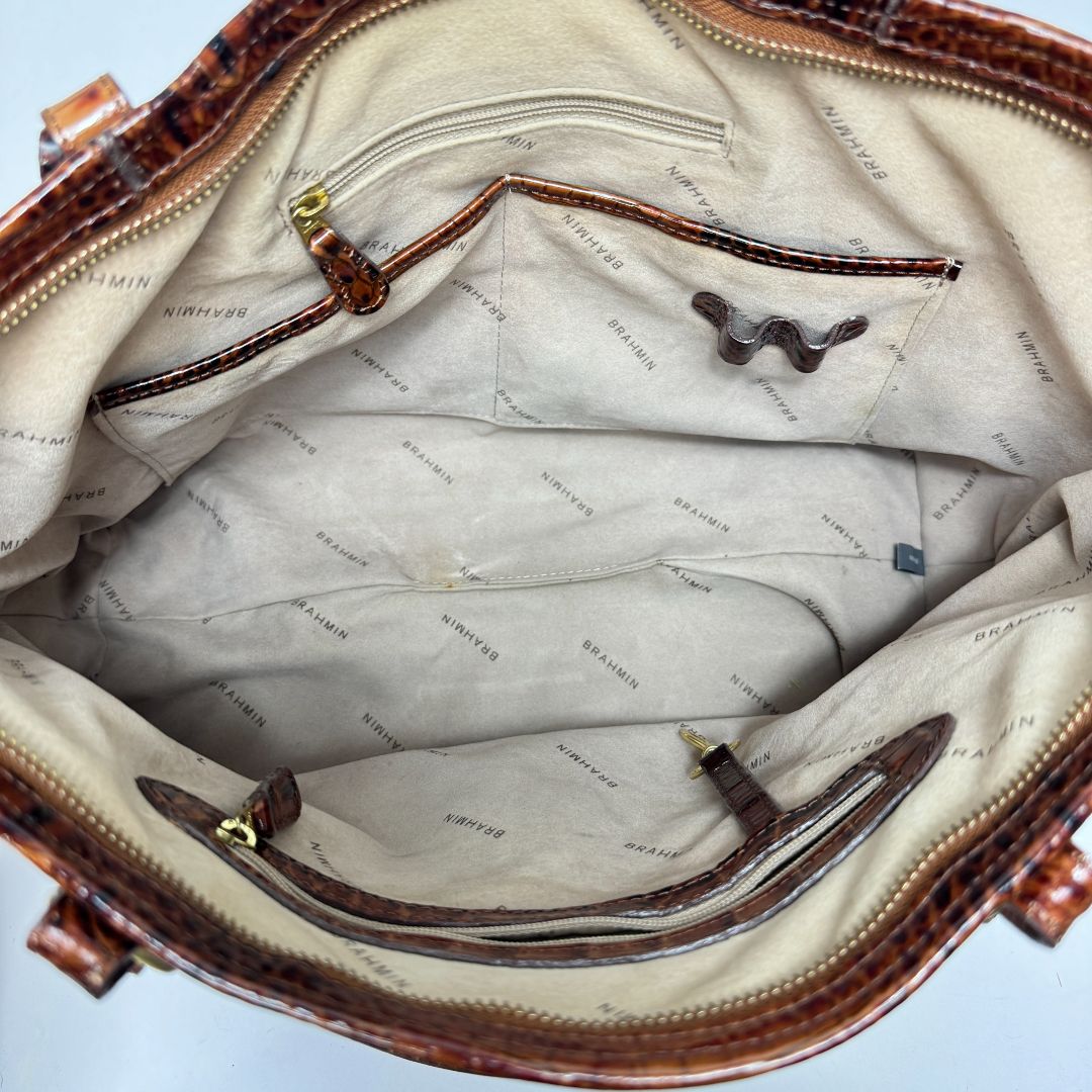 Brahmin Arno Double Handle Zip Top Embossed Leather Tote Toasted Pecan Brown