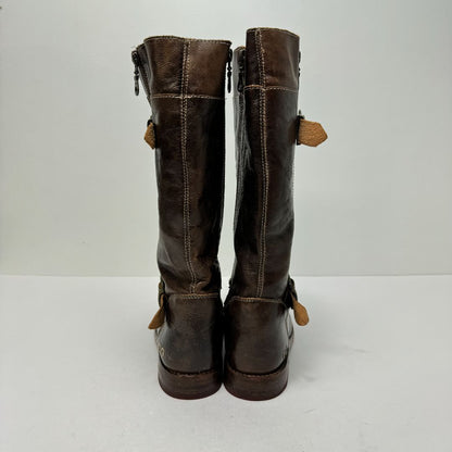 Bed|Stu Knee High Side Zip Strap & Buckle Detail Leather Boots Brown