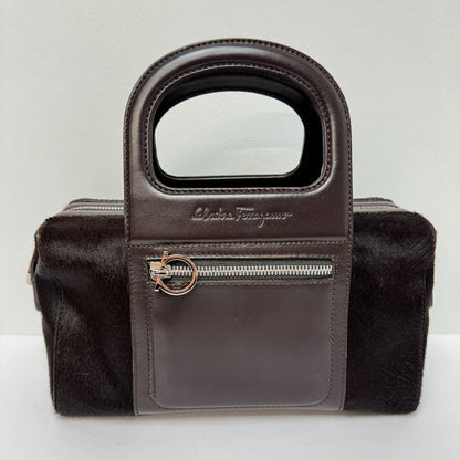 Salvatore Ferragamo Vintage Pony Hair Double Handle Zip Top Doctor's Style Handbag Brown