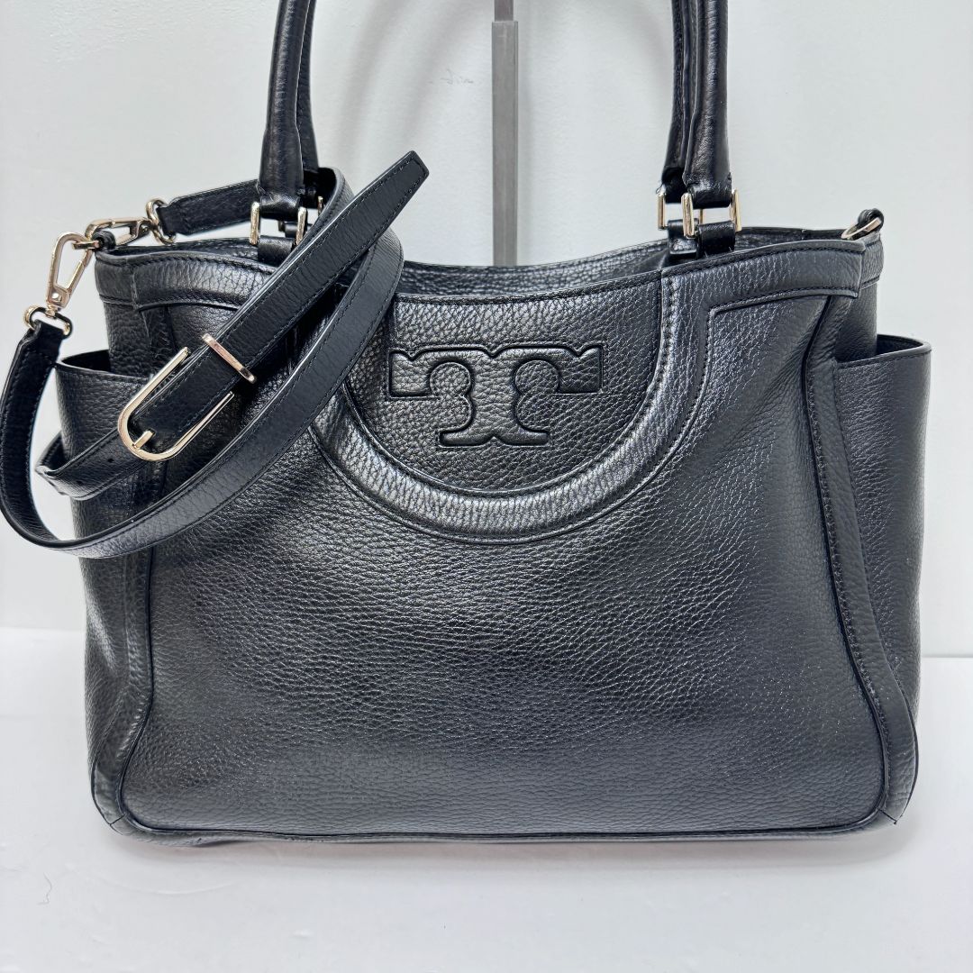 Tory Burch Side Pocket 3 Comparts One Zip Pebbled Leather Gold Hardware Satchel Black