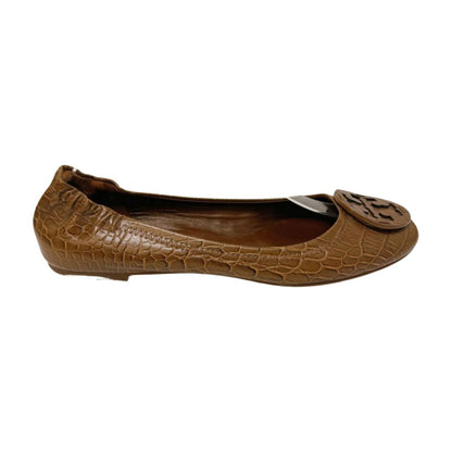 Tory Burch Embossed Leather Slip On Flats Tan