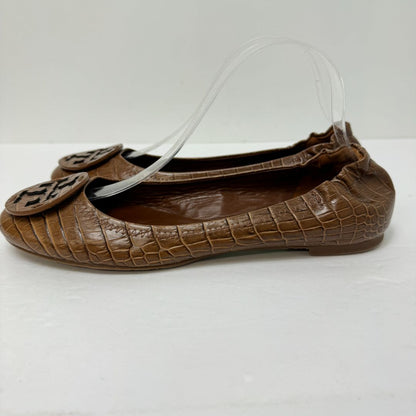 Tory Burch Embossed Leather Slip On Flats Tan