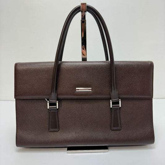 Burberry Double Handle Crosshatch Leather Foldover Tote Dark Brown