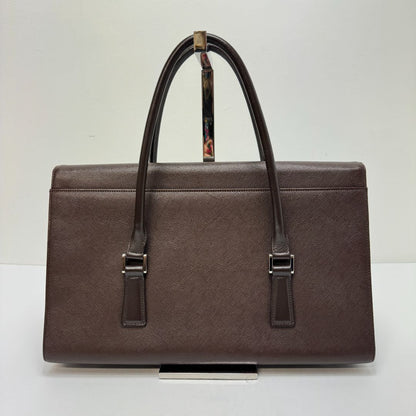 Burberry Double Handle Crosshatch Leather Foldover Tote Dark Brown