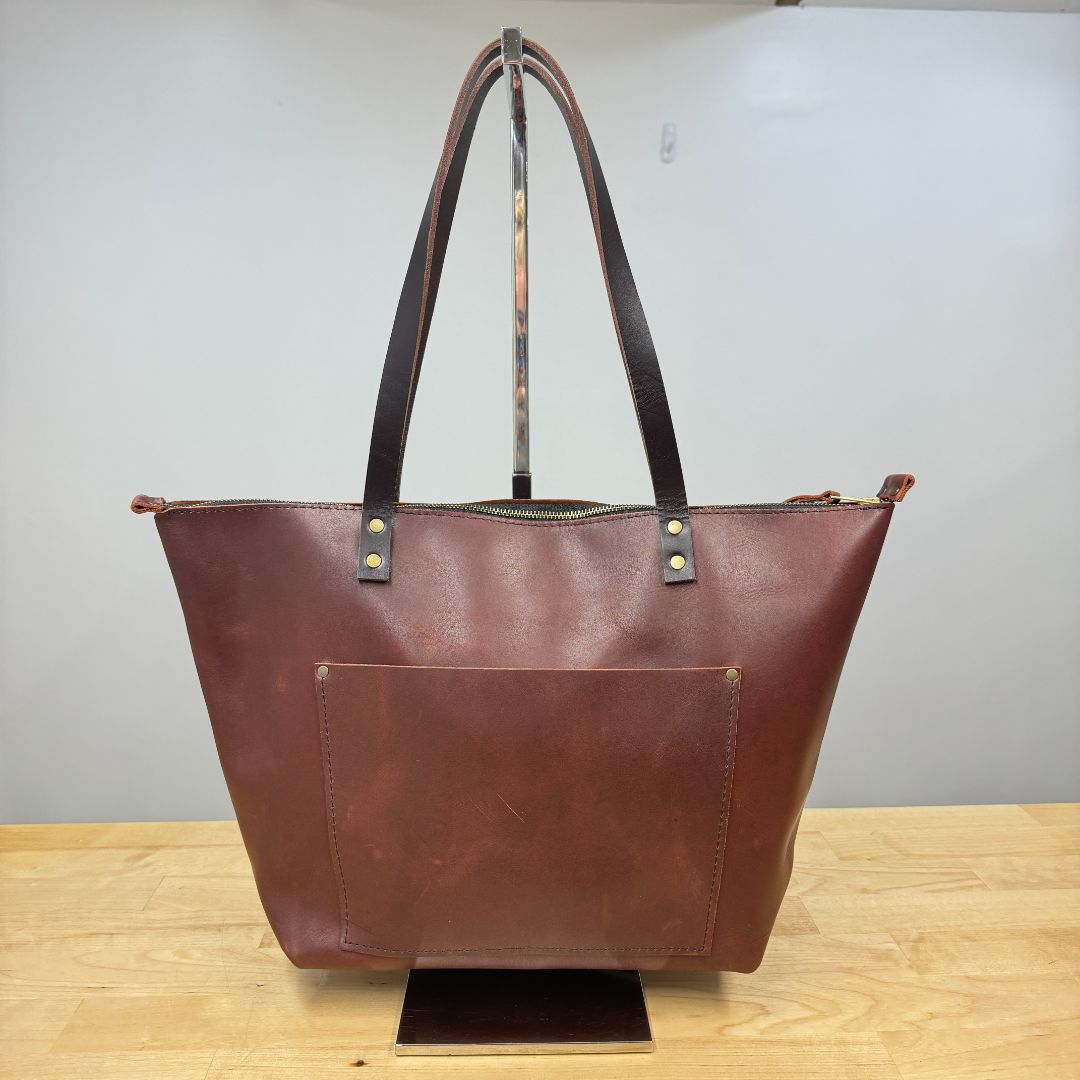 Portland Leather Smooth Leather Zip Top Large Tote Cognac Brown