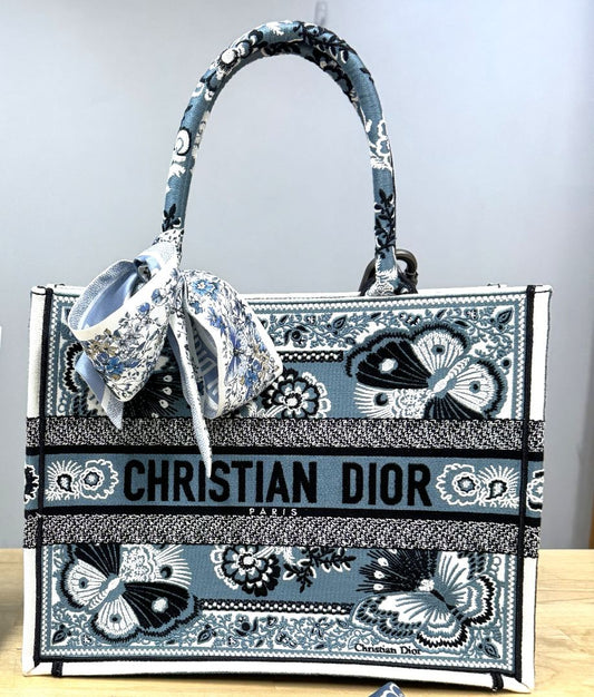 Christian Dior "Butterfly Bandana" Medium Book Tote Tote White Blue Black