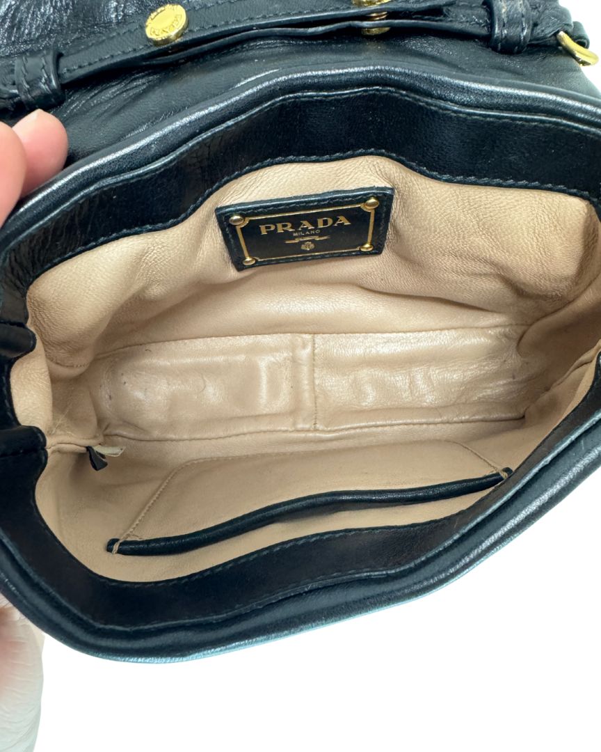 Prada Quilted Nappa Leather Foldover Snap Close Woven Chain Strap Crossbody Black