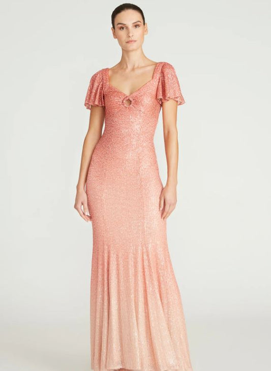 Theia "Estelle" Short Flutter Sleeve Mermaid Style Sequin Gown Dress Apricot