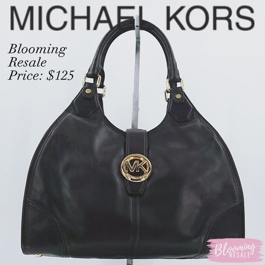 Michael Kors Women's Hudson Large Leather Shoulder Tote Bag Black Gold Hardware