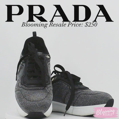 Prada Sparkle Glitter Lace Up Platform Sneakers Gray