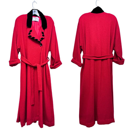 Valentino Long Sleeve Velvet Collar Whipstitch Single Button 100% Wool Full Length Coat Red Black