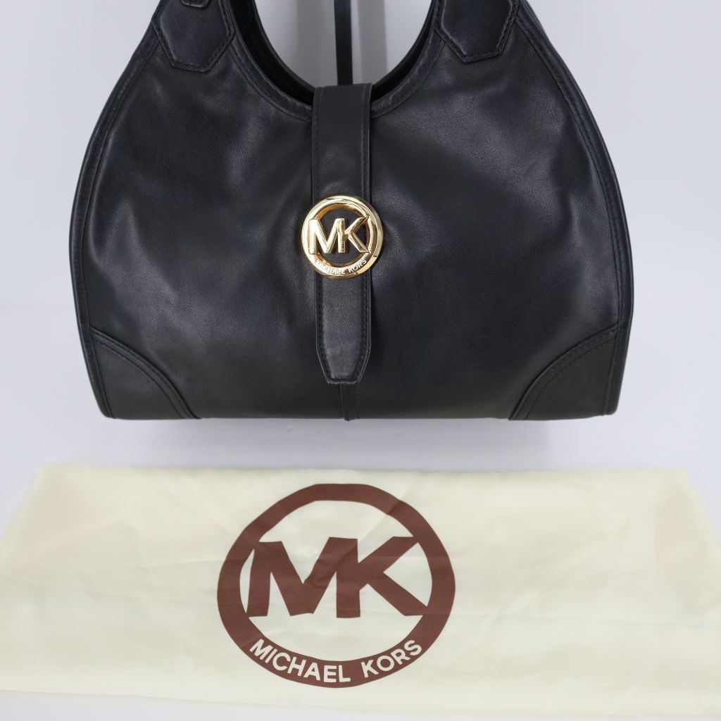 Michael Kors Womens Hudson Large Leather Shoulder Tote Bag Black Gold   Blooming Resale