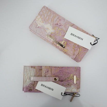 Brahmin Duxbury Satchel Lilac Melbourne Leather Marble Wallet Pink Gold Set