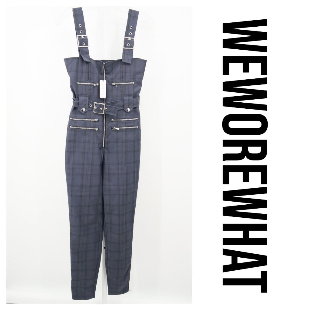 We Wore What Blue Plaid Print Moto Overalls XS